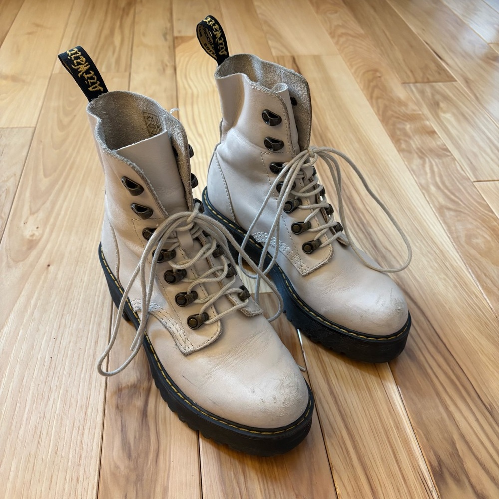 Dr. Martens Leona Lace Up Heeled Combat Leather Bone Boots